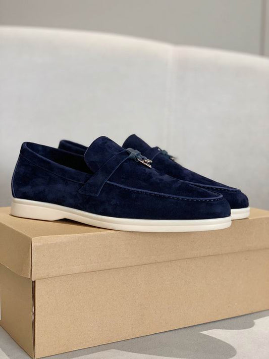 Navy Suede Penny Loafers